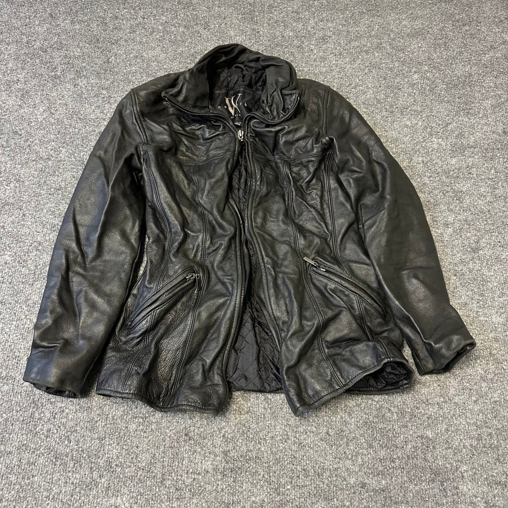 W New York Jacket Womens XS Black Leather Zip Up Quilted Lining Slim Fit Pockets